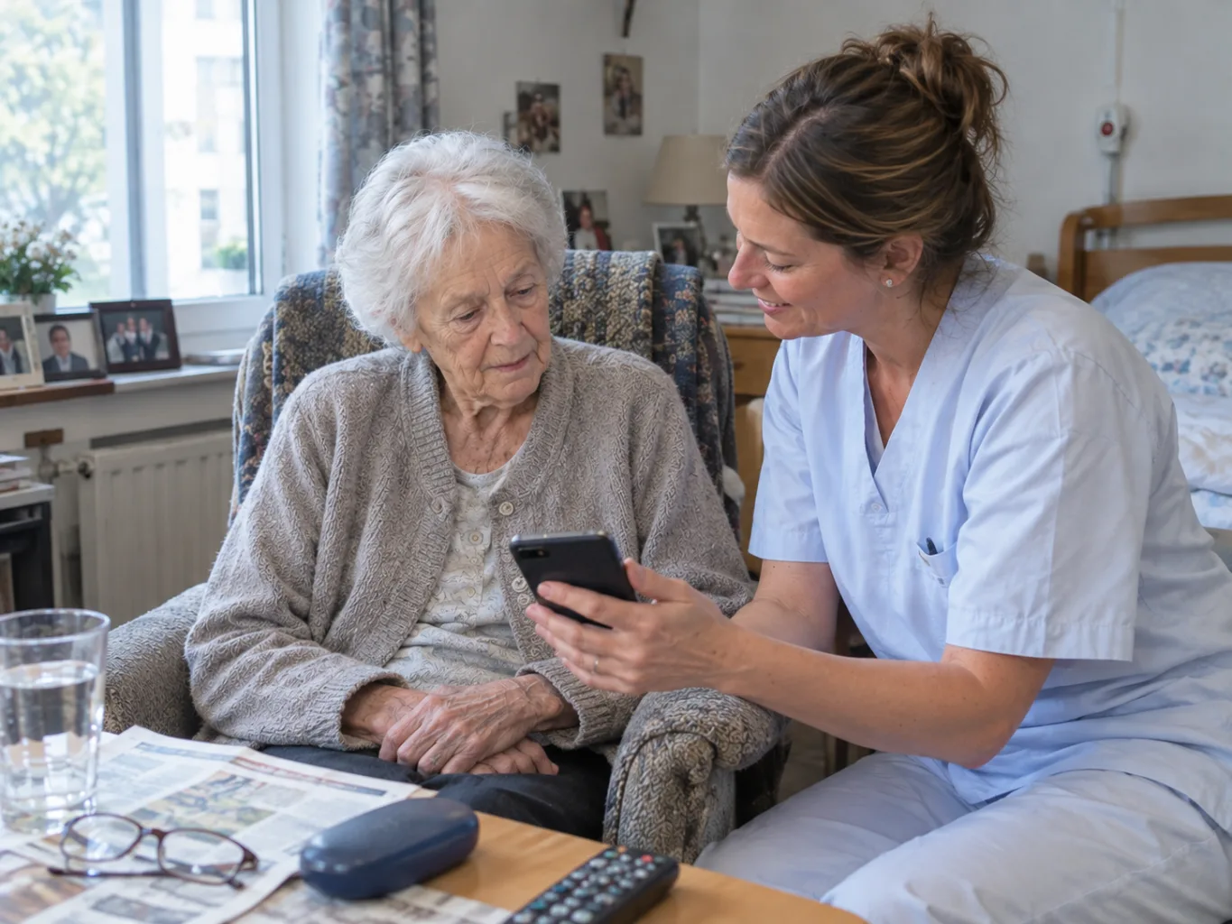 Eine Pflegefachperson zeigt einer Bewohnerin in ihrem Zimmer etwas auf dem Smartphone