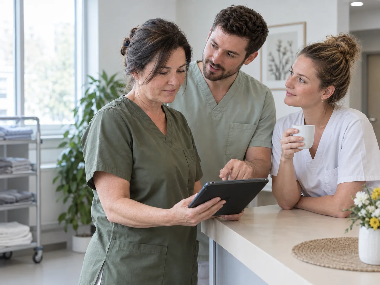 Pflegeteam am Tresen: eine Pflegefachperson zeigt einem Kollegen und einer Kollegin mit Kaffeetasse etwas auf dem Tablet
