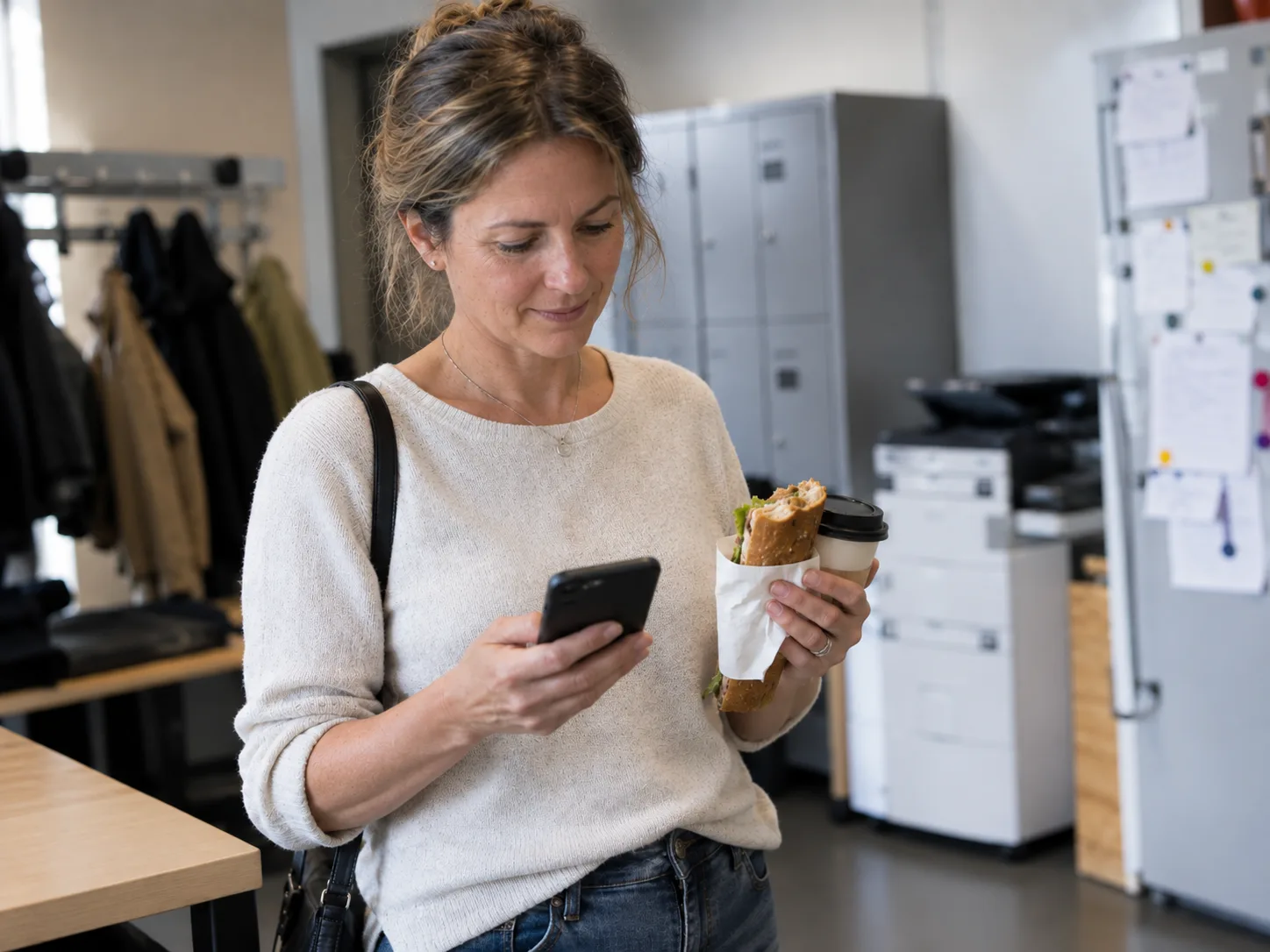 Eine Frau liest in ihrer Mittagspause am Arbeitsplatz eine Nachricht auf dem Handy, Sandwich und Kaffee in der Hand