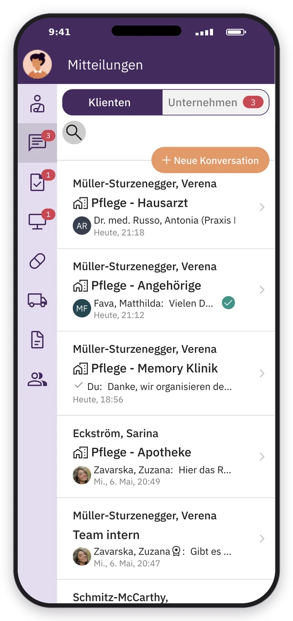 App-Screenshot: Mitteilungen, Tab «Klienten», mit den Gesprächen Pflege – Hausarzt, – Angehörige und – Memory Klinik