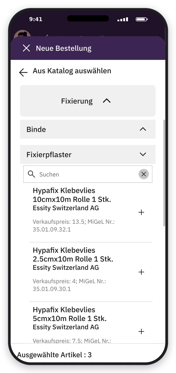 App-Screenshot: Pflegematerial aus dem Produktkatalog auswählen
