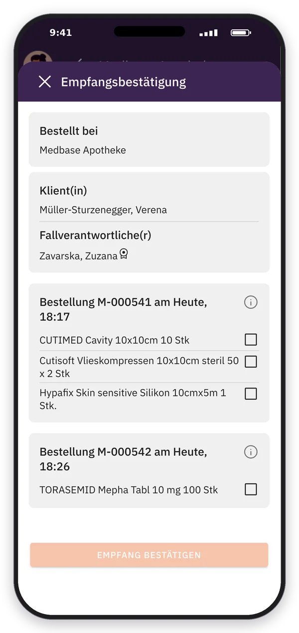 App-Screenshot: Logistik, Empfang einer Lieferung der Apotheke bestätigen