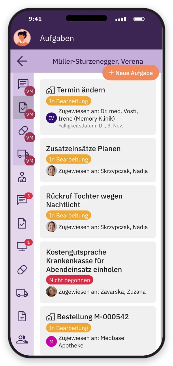App-Screenshot: Aufgabenliste mit Zuständigkeit, Fälligkeit und Status