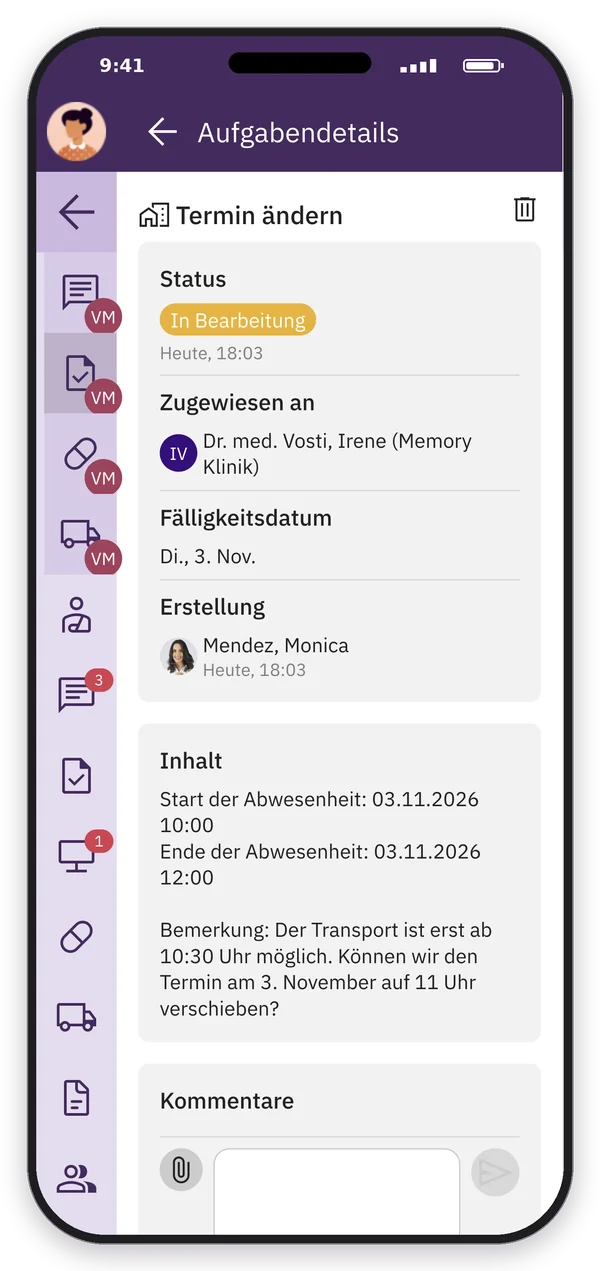 App-Screenshot: Aufgabe «Termin ändern» für die Memory Klinik mit Bitte um Verschiebung auf 11 Uhr