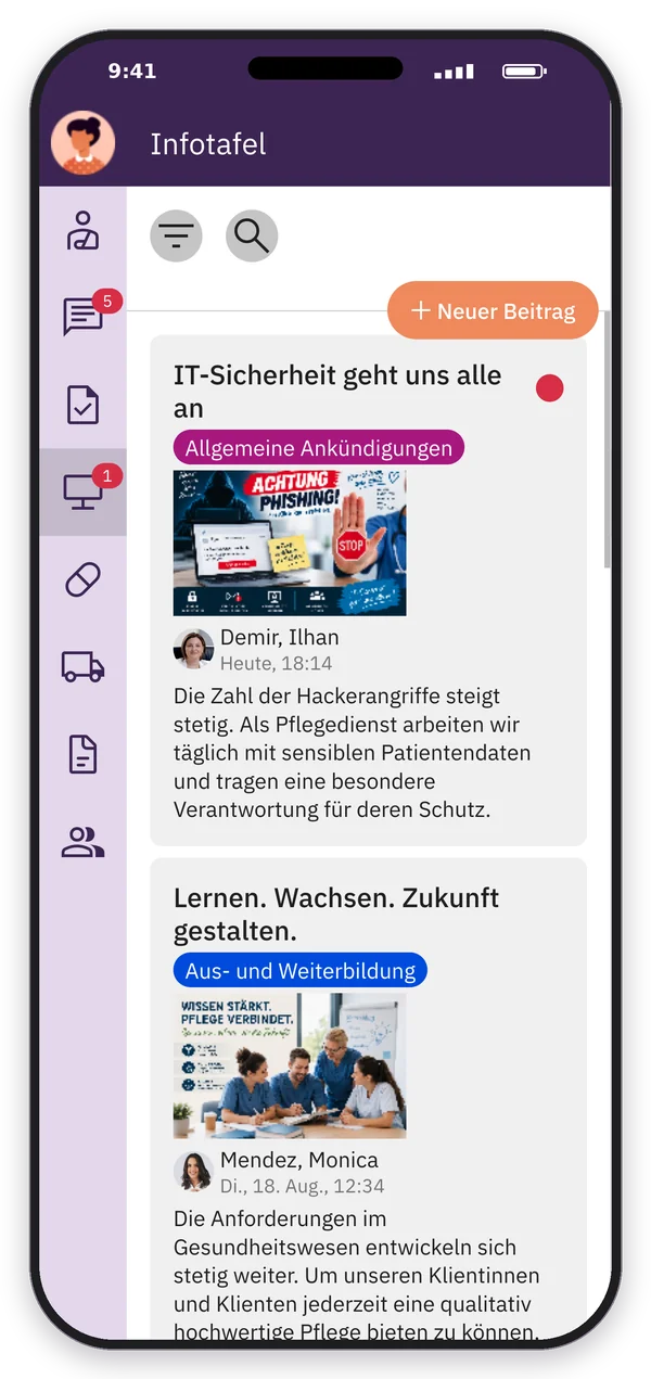 App-Screenshot: Infotafel mit Beiträgen nach Themen