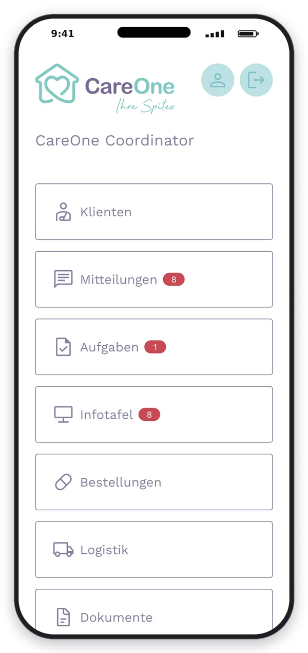 App-Screenshot: Startseite der App im Look einer Spitex-Organisation, mit eigenem Logo und eigenen Farben