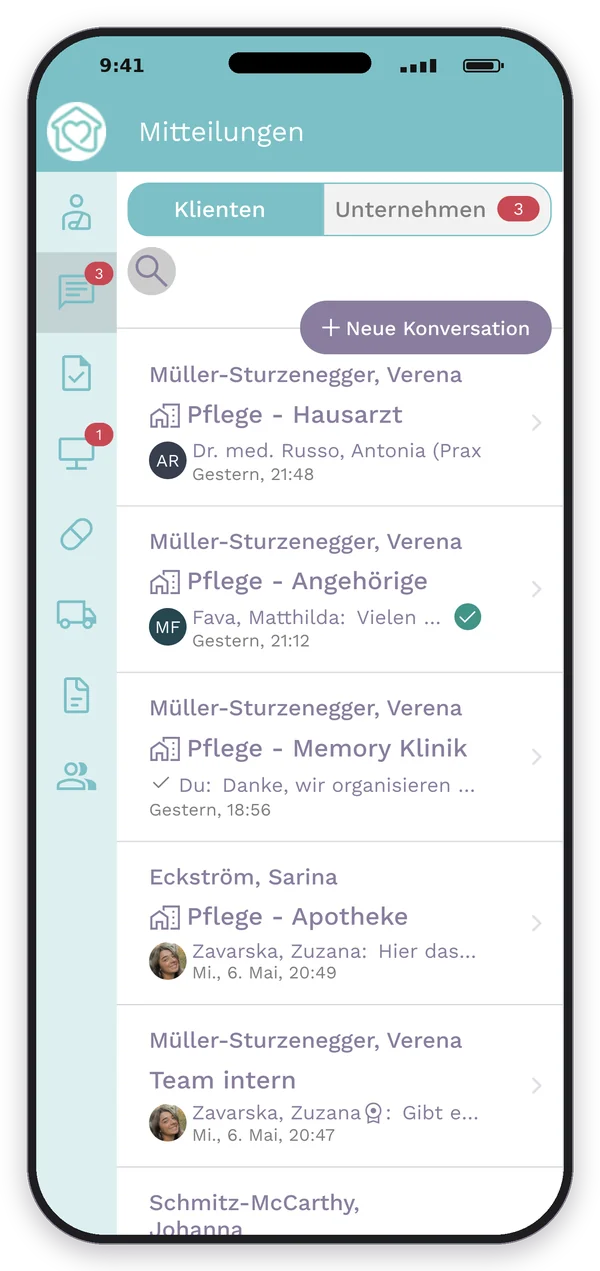 App-Screenshot: Mitteilungen in der White-Label-App, durchgehend in den Farben der Spitex-Organisation