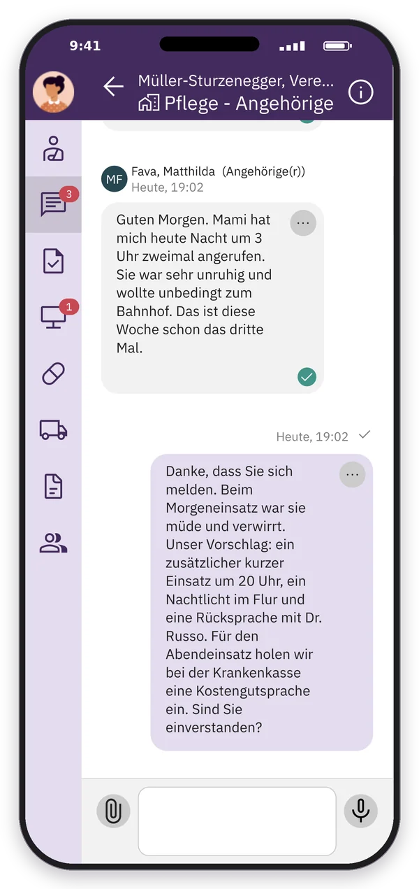 App-Screenshot: Chat Pflege – Angehörige: Die Tochter meldet nächtliche Unruhe, die Pflege schlägt das Vorgehen vor