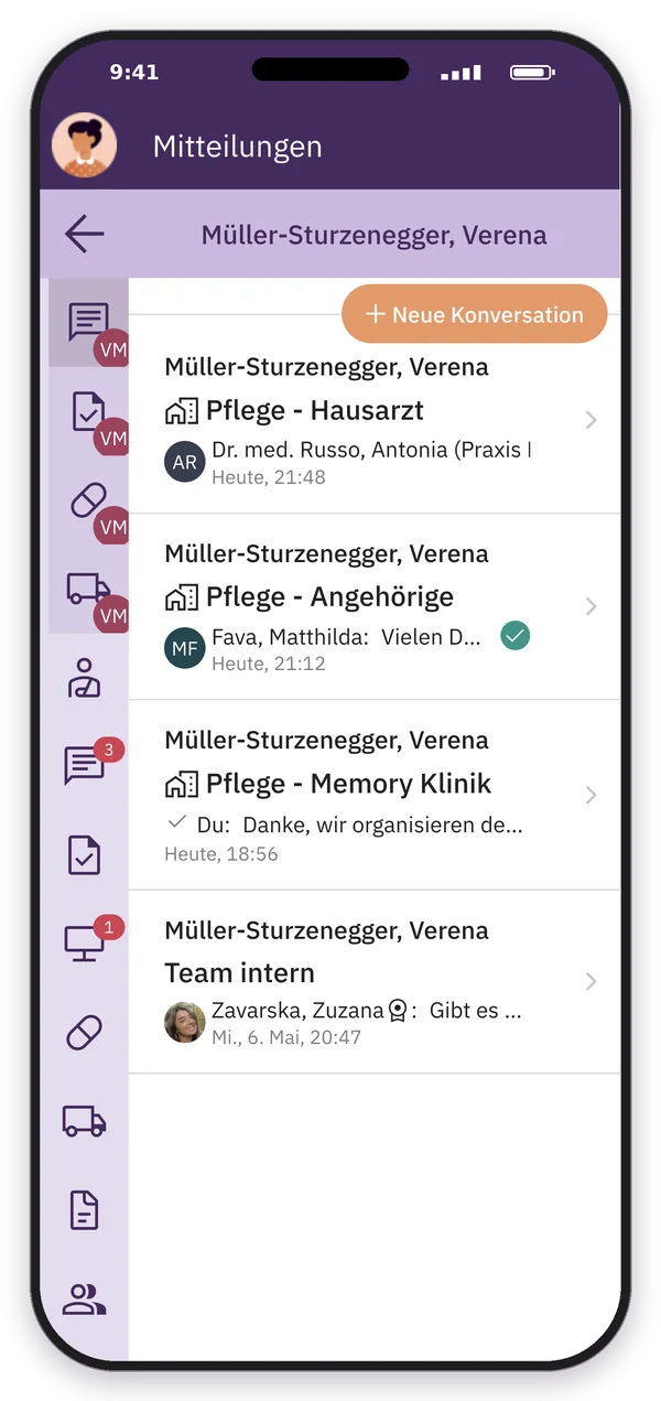 App-Screenshot: Alle Gespräche einer Klientin mit Demenz: Hausarzt, Angehörige, Memory Klinik