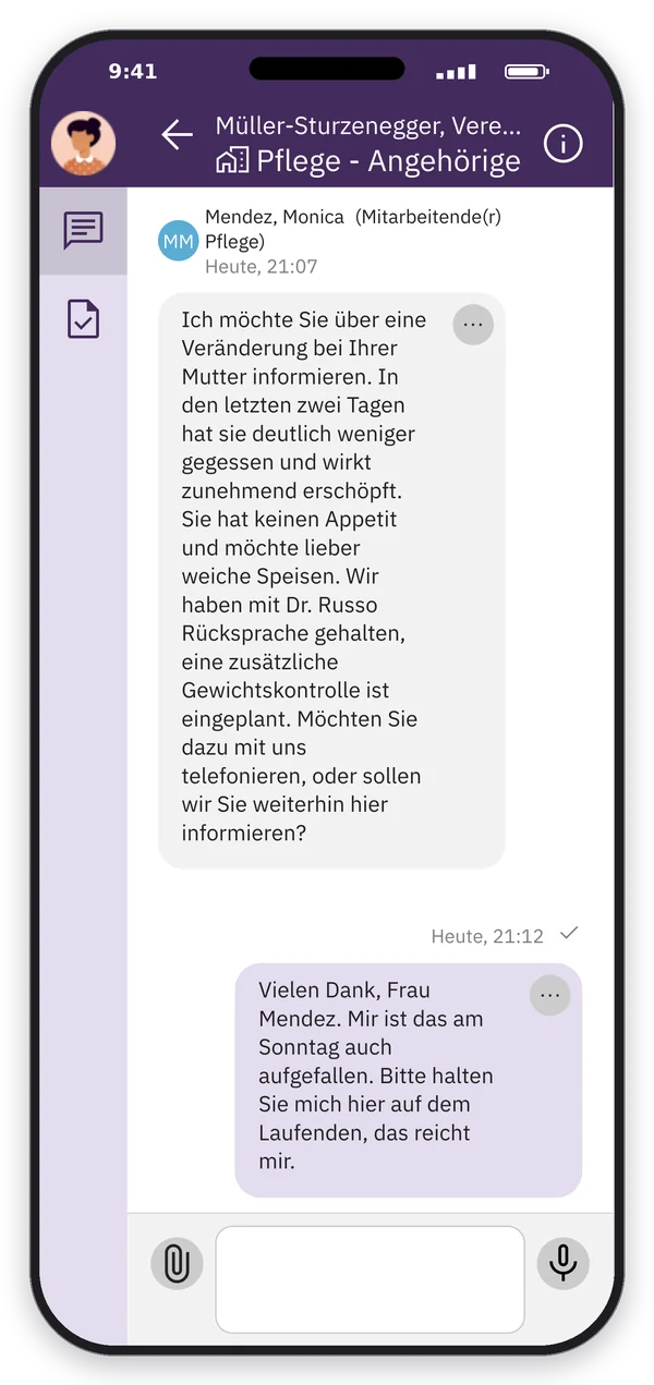 App-Screenshot aus Sicht der Tochter: Die Pflege meldet eine Veränderung, die Tochter antwortet