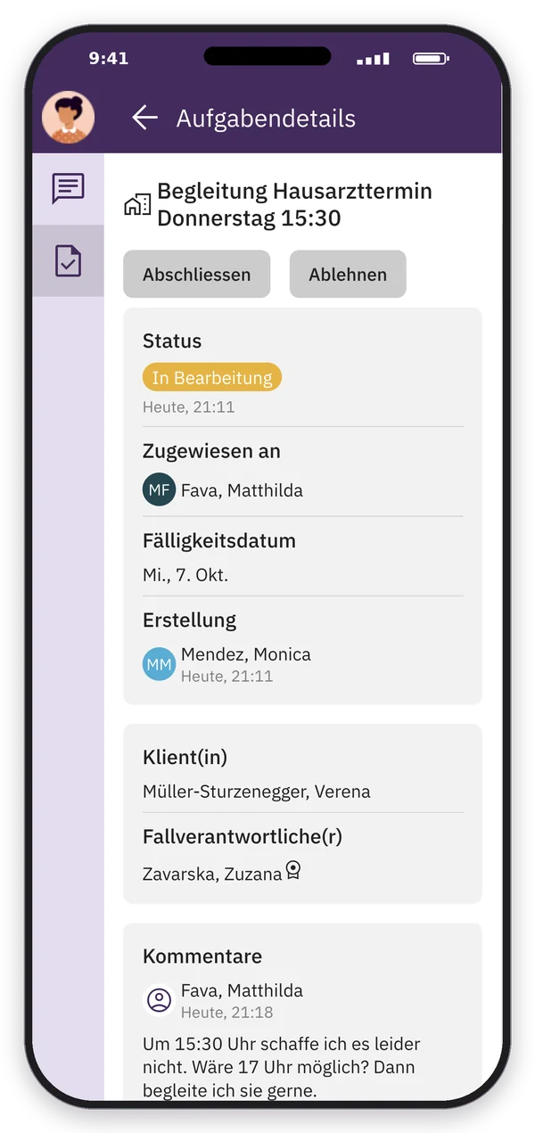 App-Screenshot aus Sicht der Tochter: Aufgabe Begleitung Hausarzttermin mit ihrem Änderungswunsch