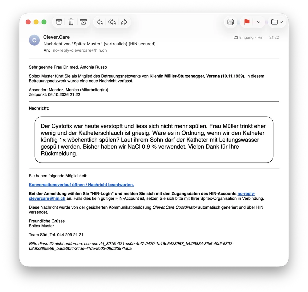 HIN-Mail an die Hausärztin mit der Anfrage der Pflege und den Angaben zur Klientin