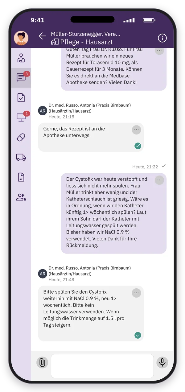 App-Screenshot: Die Antwort der Hausärztin erscheint im Chat Pflege – Hausarzt