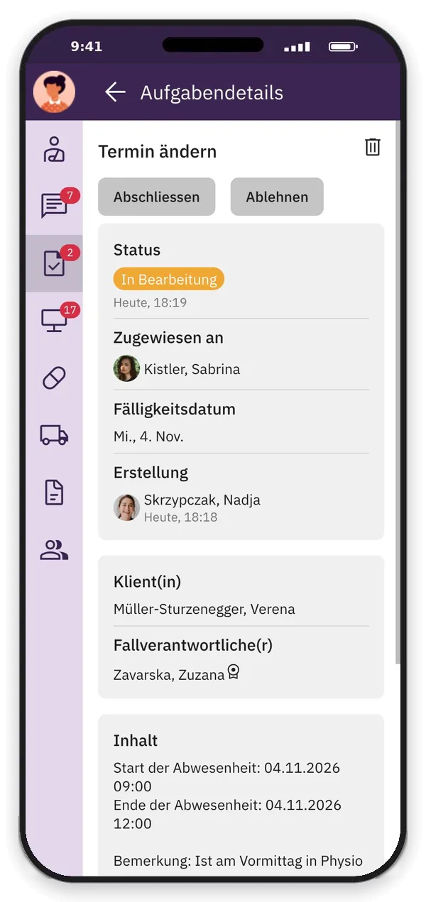 App-Screenshot: Aufgabe «Termin ändern», von der Einsatzdisposition übernommen: Klientin ist am Vormittag in der Physiotherapie